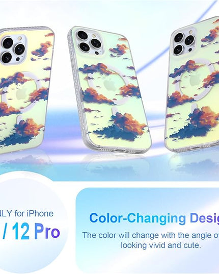 Cute Case for iPhone 12 & 12 Pro Case for Women Girls [ Compatible with Magsafe ] Aesthetic Cloud Pattern Design, Girly Glitter Sparkly Bling Protective Phone Cover, Iridescent Sun Set Sky