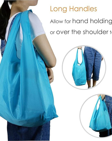 BeeGreen Light Blue Reusable Grocery Bags with Zipper Storage Pouch 10 Packs Blue Reusable Shopping Bags Bulk Foldable-Machine Washable