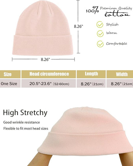 100% Cotton Beanie Hat- Unisex Ultra Soft Winter Warm Stretch Knit Cuffed Hats Fisherman Beanies Skull Cap