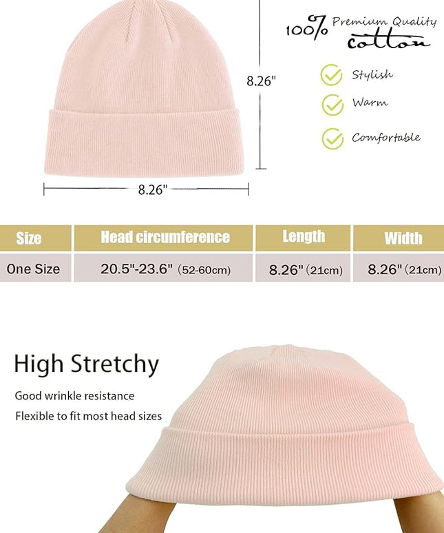 100% Cotton Beanie Hat- Unisex Ultra Soft Winter Warm Stretch Knit Cuffed Hats Fisherman Beanies Skull Cap