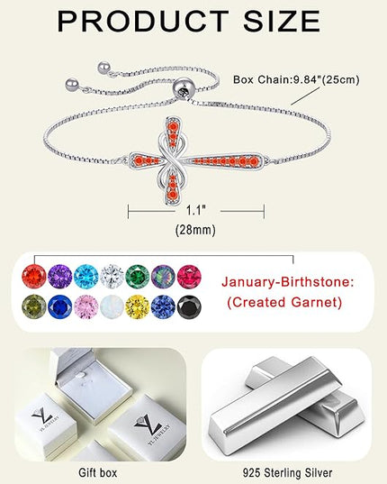 YL Cross Bracelet 925 Sterling Silver Infinity Sideways Link Bracelet Birthstone Jewelry for Women