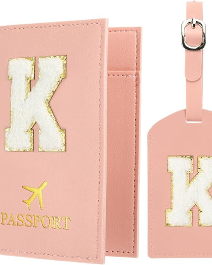 PATIKIL Passport Holder for Travel, Initial Passport Cover and Luggage Tag Set with Alphabet Chenille Letter Patch Travel Wallet Bag Suitcase Identifier for Women Family Travel Pink K