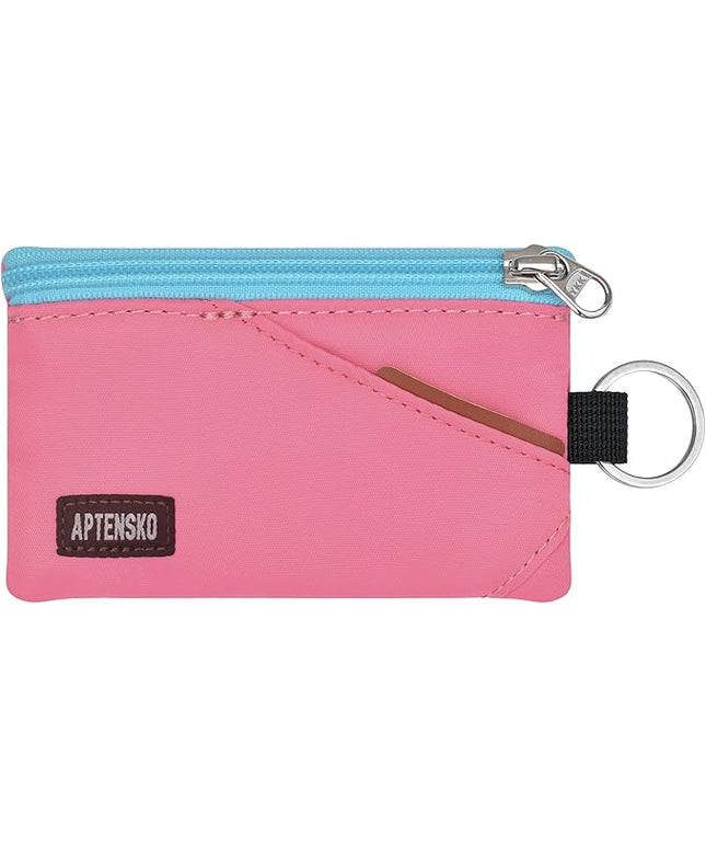 RFID Travel Wallet with Adjustable Lanyard-Zipper Small Wallet with ID Card Holder, Keychain for women&men-Minimalist Slim Waterproof Nylon case for ID, Cash, Key (Pink)