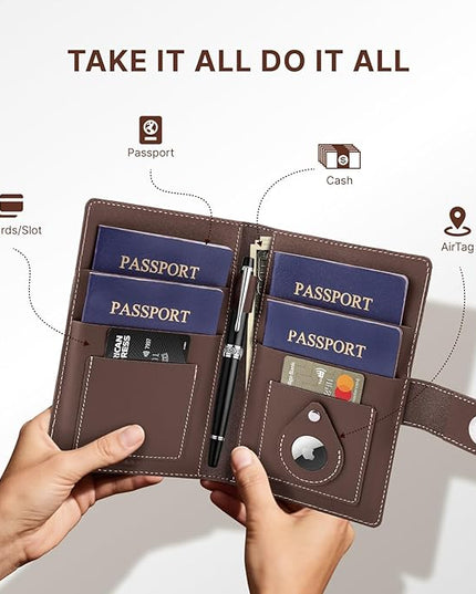 ALLIVE Family Passport Holder, Rfid Blocking Passport Wallet with AirTag Slot, Genuine Leather Travel Document Organizer for Women & Men, Airport Essentials, Travel Gift (Coffee Brown)
