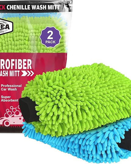 AIDEA Car Wash Mitt Microfiber, 2PK Scratch Free Lint-Free, Premium Chenille Microfiber Mitt Car Wash Brush, Green & Blue, Extra Large Size 8''X12''