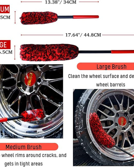 Professional 4 Pack Long Handle Wheel Brush Kit for Cleaning Wheel and Tire- 2X Soft Wheel Cleaning Brush, Detailing Brush and Stiff Tire Brush, Bendable& Durable Wheel Rim Cleaner Brush Set