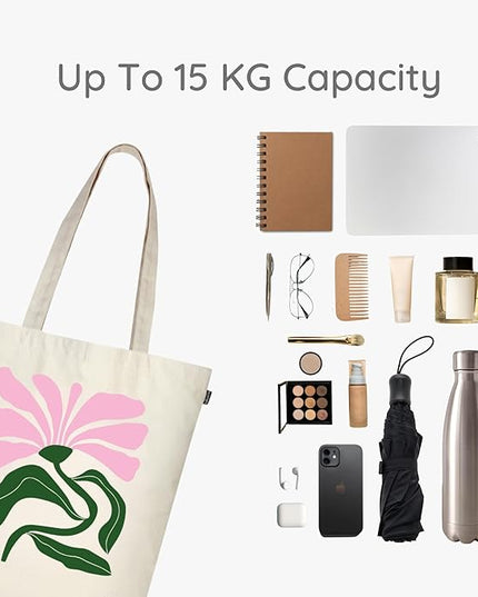 Ecoright Tote Bag for Women with Zipper, Small Tote Bag, Canvas Bag, Reusable Cotton Bag for Beach, Grocery, School & Work