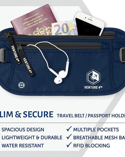 VENTURE 4TH Money Belt for Travel – Hidden Under-Clothes RFID Blocking Passport Holder & Slim Travel Wallet Pouch for Men & Women to Protect Cash, Cards & Documents (Navy Blue)