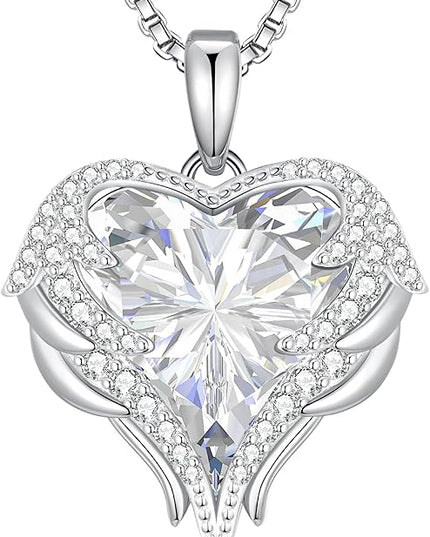 CDE Christmas Gifts for Women Angel Wings Necklace for Women with Birthstone, Love Heart Silver Tone/Gold Tone Pendant, Ideal Anniversary or Birthday Jewelry Gifts for Wife Girlfriend Her