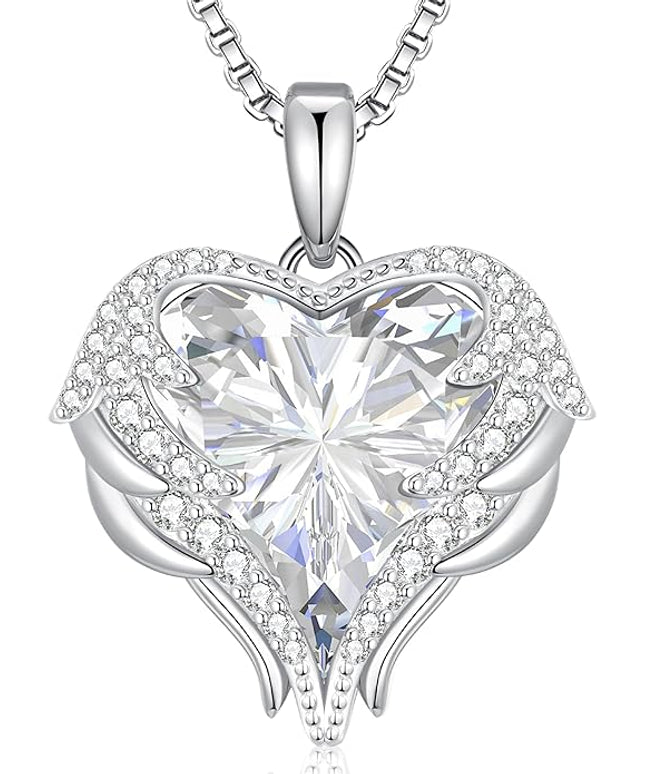 CDE Christmas Gifts for Women Angel Wings Necklace for Women with Birthstone, Love Heart Silver Tone/Gold Tone Pendant, Ideal Anniversary or Birthday Jewelry Gifts for Wife Girlfriend Her