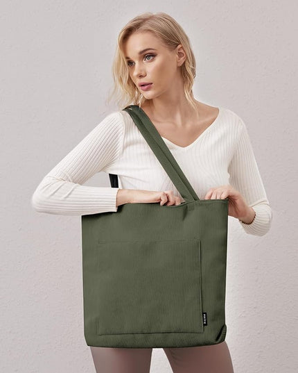 Prite Corduroy Tote Bag for Women Large Shoulder Bag with Zipper and Pockets for College Work Travel Shopping