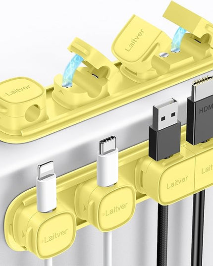 6 Pack Magnetic Cable Clips [1s Open/Lock], Laitver Cord Organizer Holder Strong Adhesive Desk Cable Management- Organize Charging Cords Neatly for Home, Office, Car,Desk, Nightstand-Cream Yellow