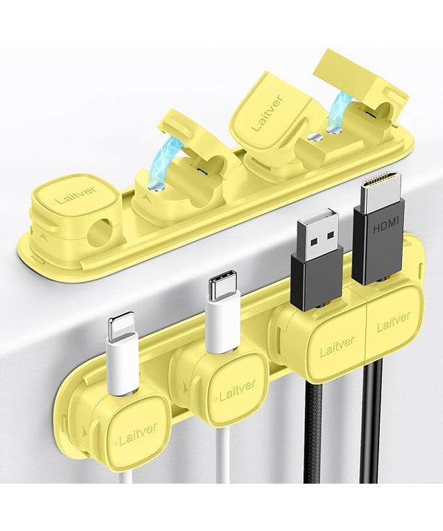 6 Pack Magnetic Cable Clips [1s Open/Lock], Laitver Cord Organizer Holder Strong Adhesive Desk Cable Management- Organize Charging Cords Neatly for Home, Office, Car,Desk, Nightstand-Cream Yellow