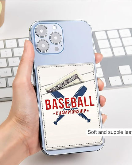 Phone Card Holder, Dual Pocket Leather Wallet Adhesive Stick On, Cute Credit Card Holder for Smartphones Case Compatible with Most Phone（Baseball bat）