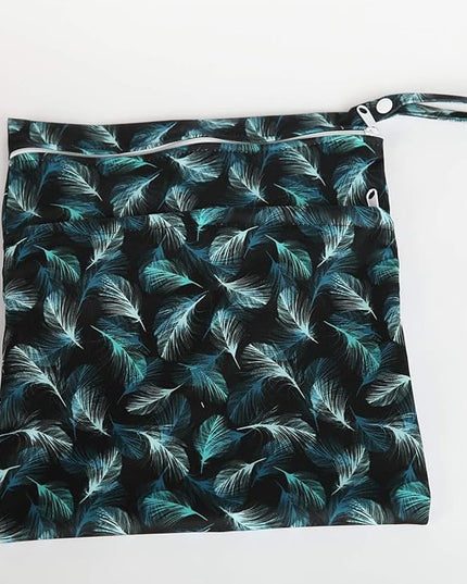 Medium Wet Dry Bag Baby Cloth Diaper Nappy Insert Bag Washable With Two Pockets (Blue Feather)
