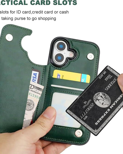 ONETOP Compatible with iPhone 17 Wallet Case with Card Holder, PU Leather Kickstand Card Slots Case, Double Magnetic Clasp and Durable Shockproof Cover 6.1 Inch (Green)