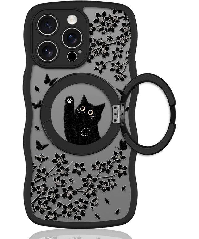 Wavy Case for iPhone 13 Pro Max Case with Stand [Compatible with MagSafe] Cute Black Cat & Floral & Butterflies Pattern Design, Kawaii 360 Magnetic Ring Kickstand Phone Cover for Women Girls