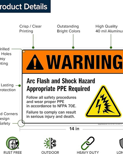 Warning Arc Flash And Shock Hazard Appropriate PPE Required Sign, 10x14 Inches, Rust Free .040 Aluminum, Fade Resistant, Made in USA by My Sign Center