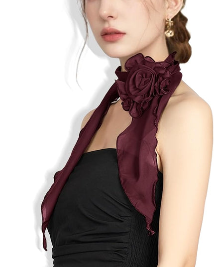 Chiffon Scarf for Women, Removable Flower Neck Scarf Light Soft Fashion Rose Scarves Versatile Headband or Hair Band