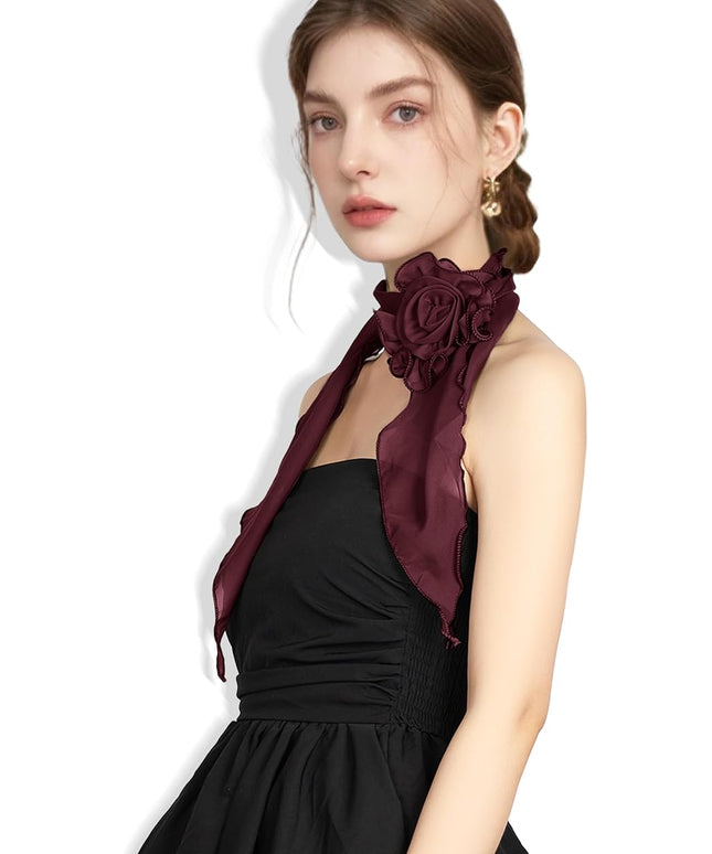 Chiffon Scarf for Women, Removable Flower Neck Scarf Light Soft Fashion Rose Scarves Versatile Headband or Hair Band
