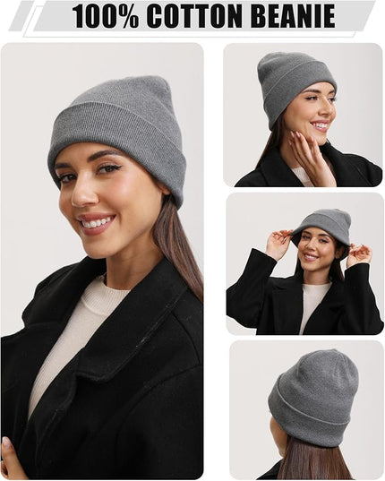 100% Cotton Beanie Hat- Unisex Ultra Soft Winter Warm Stretch Knit Cuffed Hats Fisherman Beanies Skull Cap