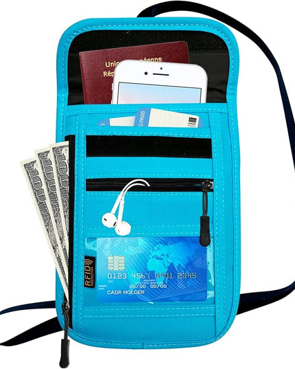 RFID Blocking Travel Neck Wallet Pouch and Passport Holder, Travel Neck Pouch Passport Holder for Women & Men - Light Blue