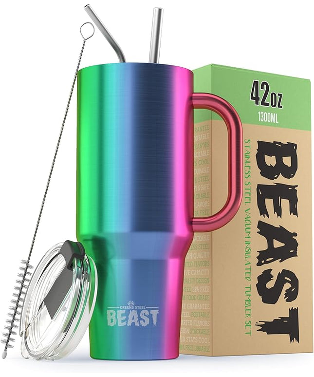 Beast 42 oz Tumbler with Handle Stainless Steel Vacuum Insulated Coffee Ice Cup Double Wall Travel Flask (Rainbow)