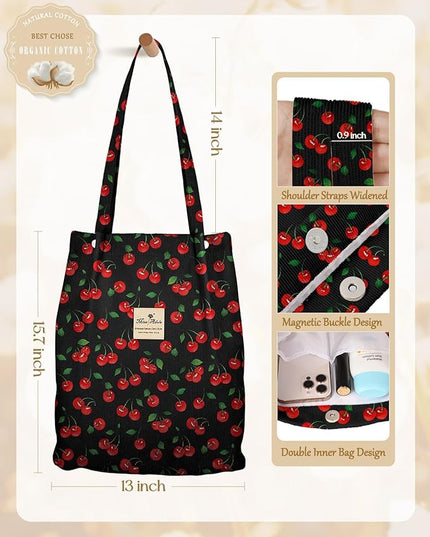 Aesthetic 2 Pack Corduroy Tote Bag - with Makeup Pouch Bag for Women Reusable Grocery Bag for Gym, Travel, Work