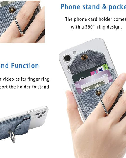 RFID Ring Stand Stick on Wallet for Back of Phone for iPhone Android and All Smartphones Adhesive Credit Card Holder for Cell Phone-Denim Blue …