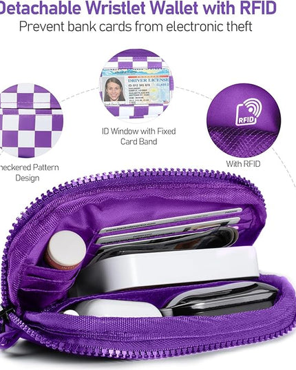 Clip and Go Strap for Phone with Wallet Crossbody Phone Lanyard and Detachable Checkered Bag with ID Window and RFID Pouch for Daily Travel.