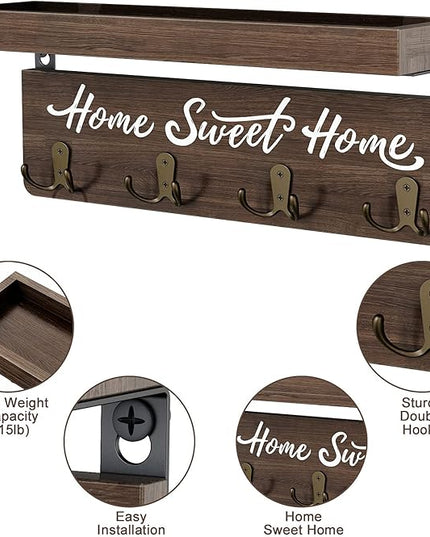 buways Wall-Mounted Key and Mail Holder, Wooden Key Rack with 4 Double Key Hooks, Rustic Home Decor for Entryway