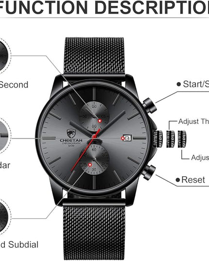 GOLDEN HOUR Mens Watch Fashion Sleek Minimalist Quartz Analog Mesh Stainless Steel Waterproof Chronograph Watches for Men with Auto Date