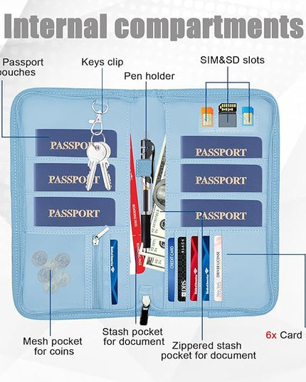 GOAUS Passport Holder with AirTag Slot, PU Leather Travel Document Organizer, Multiple RFID Blocking Wallet for Family of 4 to 6 Blue