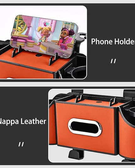 Back Seat Car Organizer,4 in 1 Multifunctional Car Back Seat Storage Box with Drink Cup Holder Tissue Box, for Hold Phone,Snacks, Drinks, Handbag-Orange