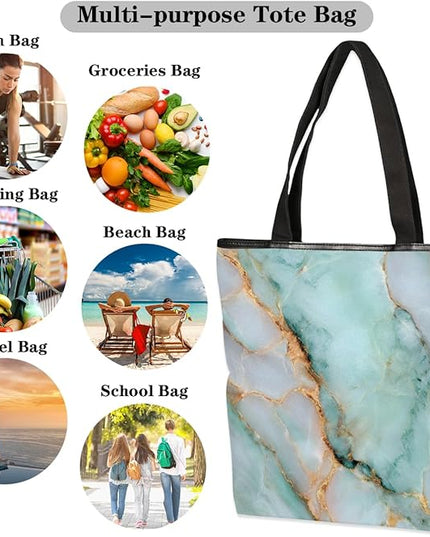 Pardick Canvas Tote Bags, Light Blue Marble Tote Bag Eco Friendly Reusable Grocery Shopping Bagsfor Beach, Books, Women with Zipper Inner Pocket
