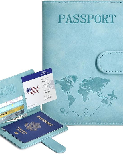 Passport Holder, Passport Cover with Credit Card Slot and Boarding Pass Slot Combo, Passport Wallet Case Book Travel Must Have, RFID Blocking Leather Travel Accessories, Light Blue