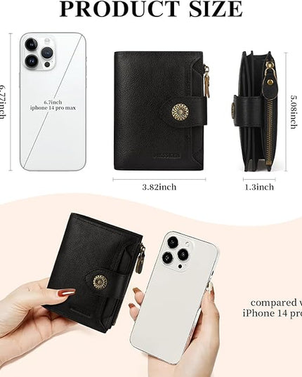 MKSSKEN Wallet Women,Rfid Blocking Leather Womens Wallet,Bifold Compact Carteras Para Mujer Card Holder with Removable ID Window(black)