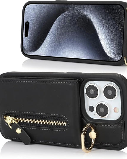 for iPhone 15 Pro Wallet Case with Card Holder, for iPhone 15 Pro Case Wallet with Strap Credit Card Slot, Crossbody Bag with Zipper Case for iPhone15 Pro - Black