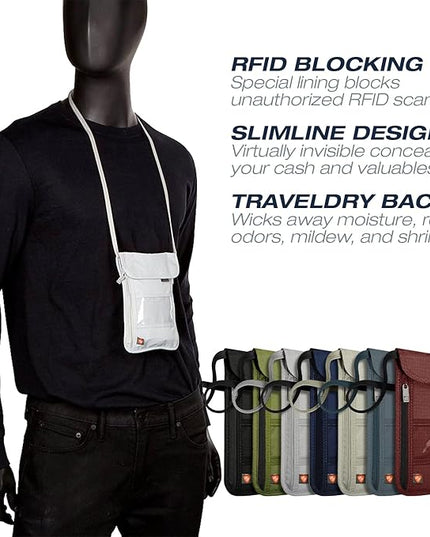 Lewis N. Clark RFID Blocking Stash Neck Wallet, Travel Pouch + Passport Holder for Women & Men, Gray