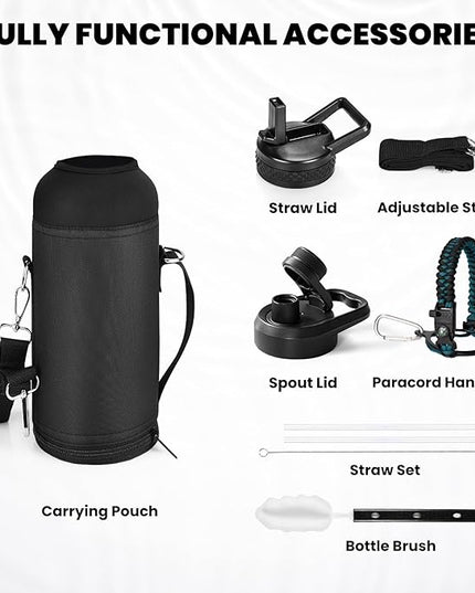 Insulated Water Bottle 40 oz, Triple Wall Vacuum Stainless Steel (Cold for 48 Hrs), Leak Proof & Non-BPA, Modern Water Flask Jug with Paracord Handle & Straw Spout Lids, Indigo/Black