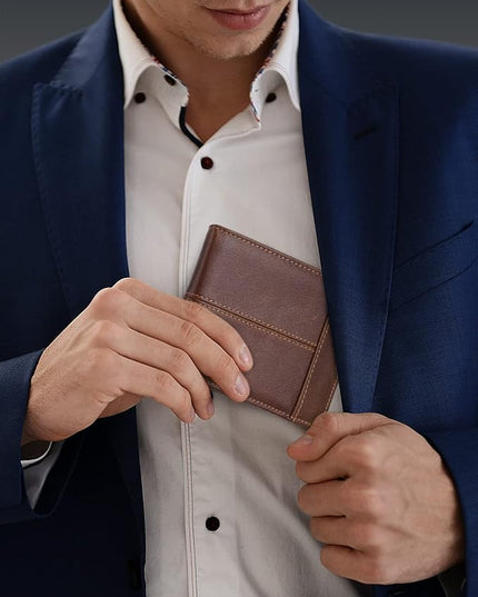 Swallowmall Leather Wallet for Mens Genuine Leather RFID Blocking Bifold Wallets with 1 ID Window 15 Card Slots