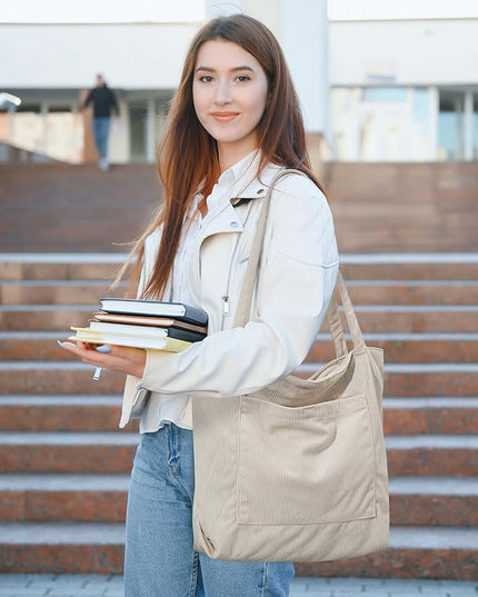 Iioscre Corduroy Tote Bag for Women,Hobo HandBags with Zipper,Large Capacity Casual Shoulder Handbags with Inner Pockets