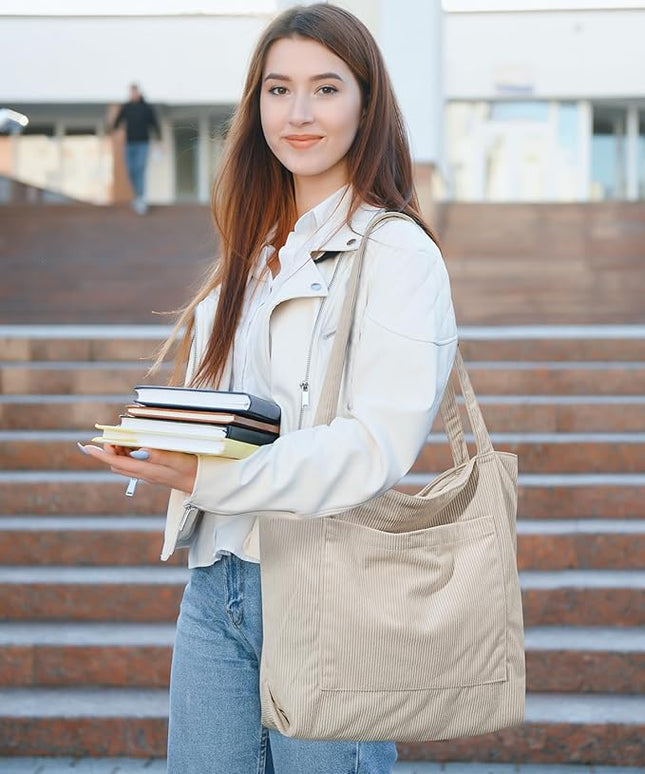 Iioscre Corduroy Tote Bag for Women,Hobo HandBags with Zipper,Large Capacity Casual Shoulder Handbags with Inner Pockets