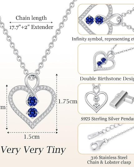 LOUISA SECRET Infinity Double Birthstone Necklace, 925 Sterling Silver Tiny Pendant Heart Necklace for Women Wife Her, Best Jewelry Gift Heart Jewelry Meaningful Gift for Valentine's Day, Christmas, Birthday Anniversary
