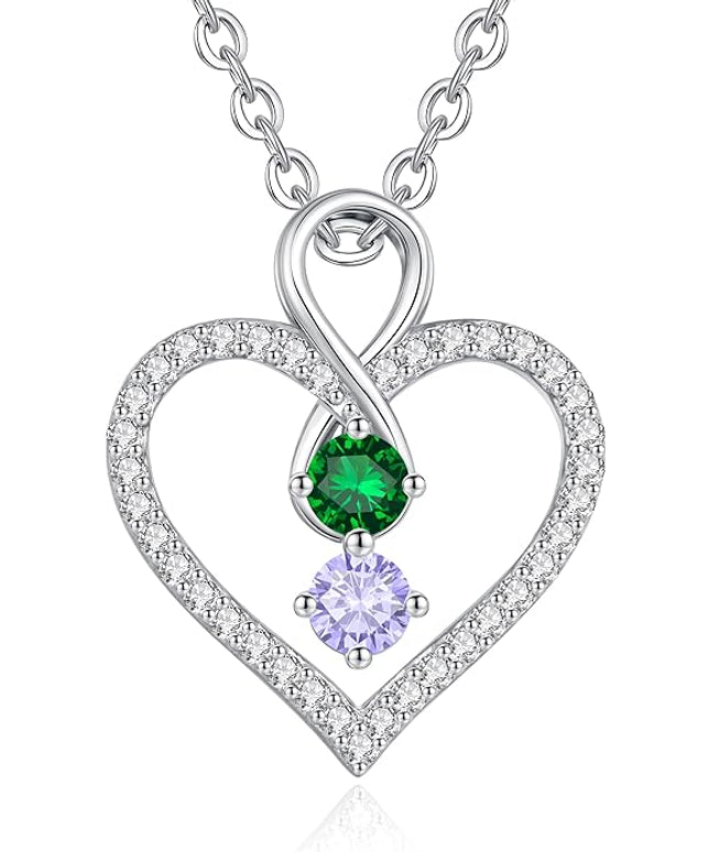 LOUISA SECRET Infinity Double Birthstone Necklace, 925 Sterling Silver Tiny Pendant Heart Necklace for Women Wife Her, Best Jewelry Gift Heart Jewelry Meaningful Gift for Valentine's Day, Christmas, Birthday Anniversary