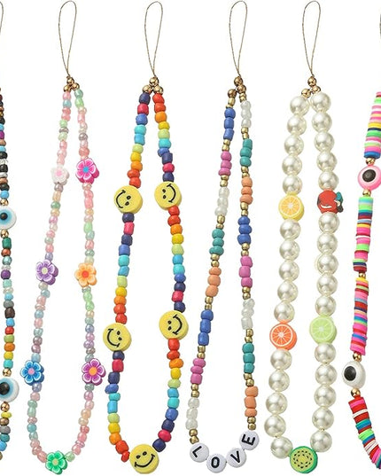 Taouzi 6PCS Beaded Phone Charms Face Fruit Star Pearl Rainbow Beads Phone Lanyard Wrist Strap for Women