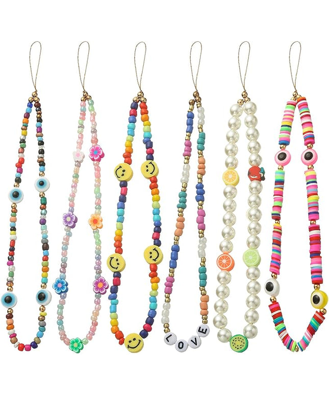 Taouzi 6PCS Beaded Phone Charms Face Fruit Star Pearl Rainbow Beads Phone Lanyard Wrist Strap for Women