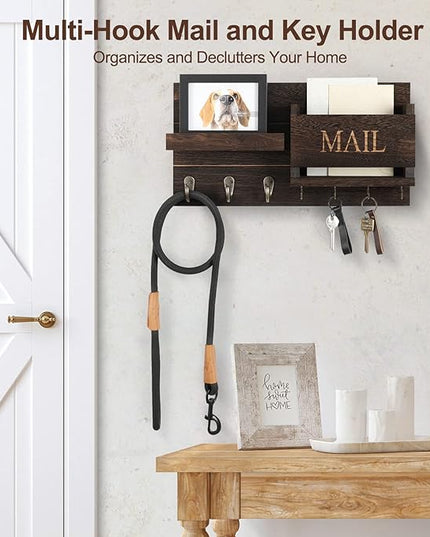 Lwenki Mail Organizer for Wall Mount – Key Holder with Shelf Includes Letter Holder and Hooks for Hallway Farmhouse Decor – Rustic Wood with Flush Mounting Hardware (16.5” x 9.1” x 3.4”) (Brown)