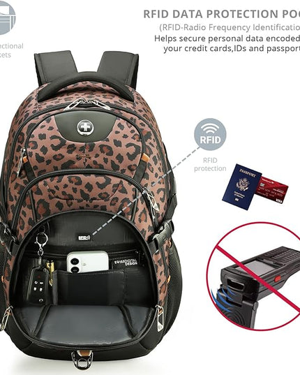 Swissdigital Laptop Backpack with USB Charging Port, Travel Backpack Fits 15.6 inches Computer, 31L Backpack for Men and Women, Brown Leopard | SD803-103