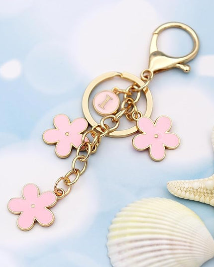 Cute Initial Letter Keyring for Women Girls Nice Flower Keychains for Handbag Backpack
